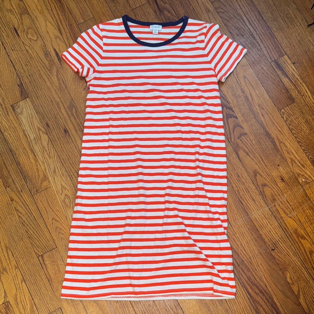 J. Crew Orange and White Striped w/ Navy Neckline Tee Shirt Dress, XS.
